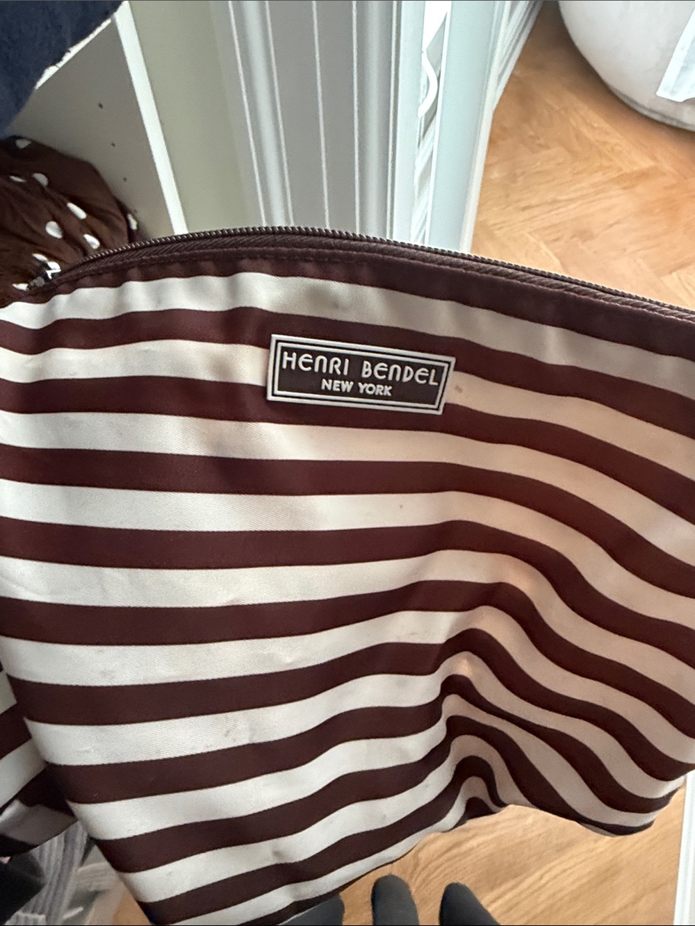 Henri Bendel Brown and Cream Striped Cosmetic Pouch